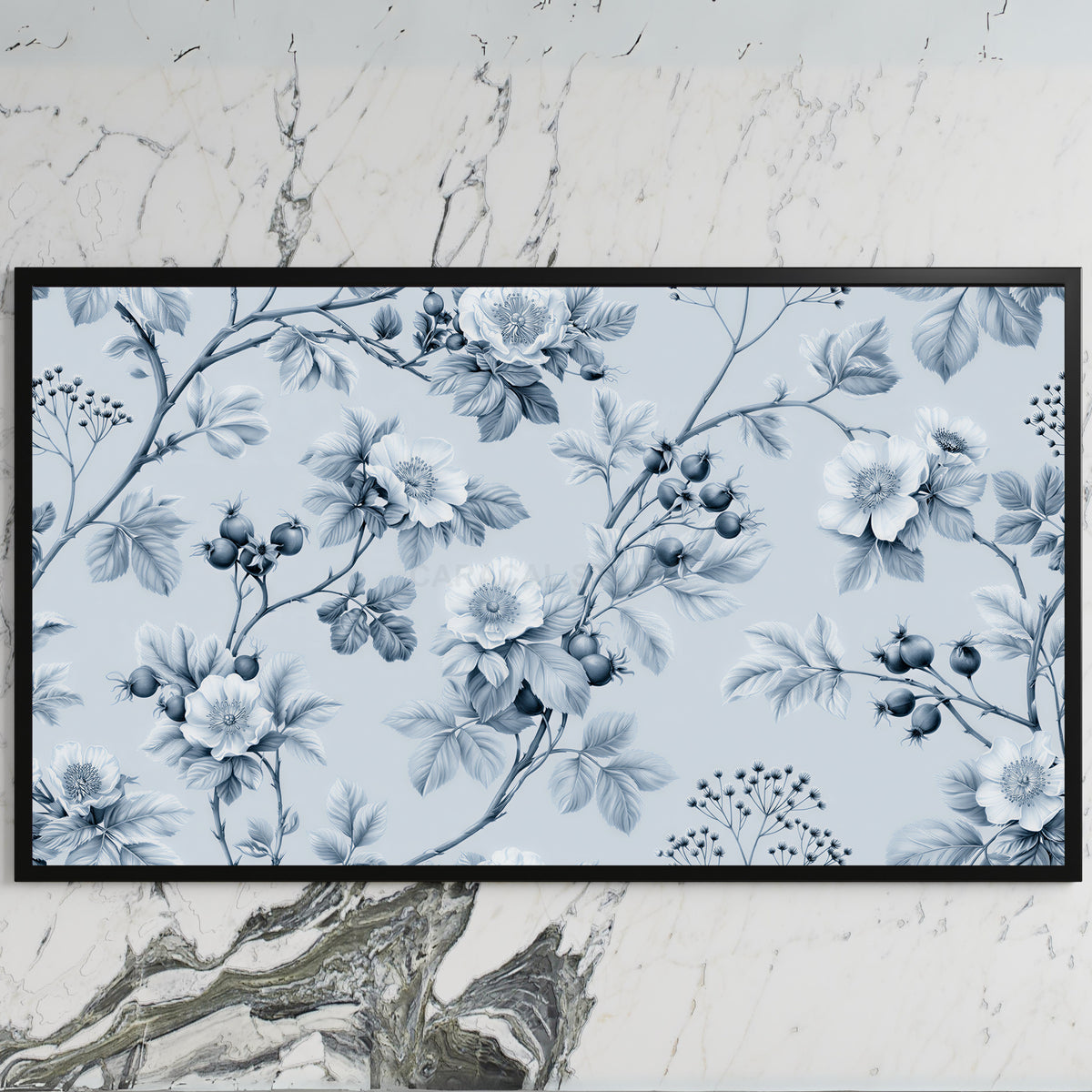 Toile wild roses art on a black TV on a white marble wall