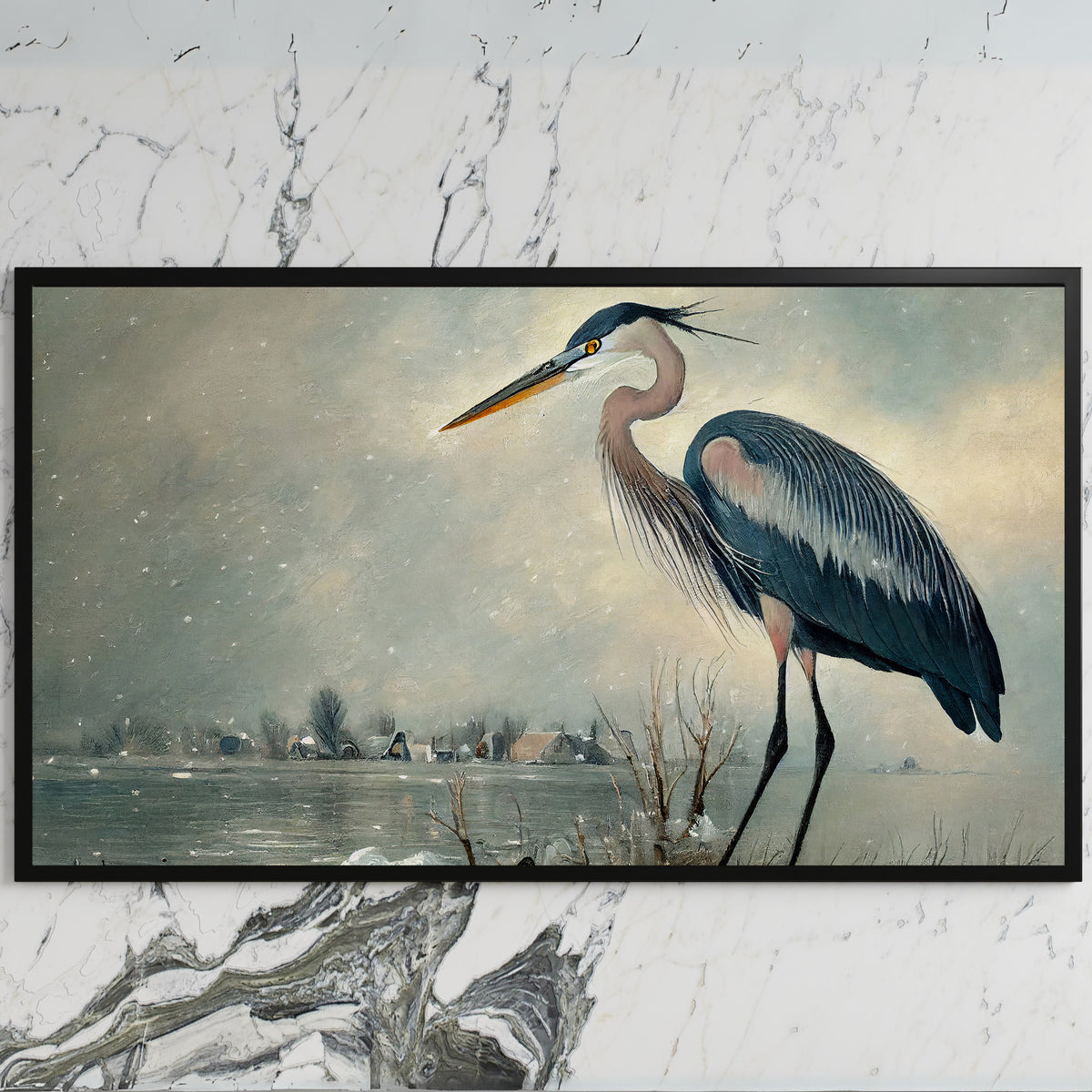 Blue heron art on a black TV on a white marble wall
