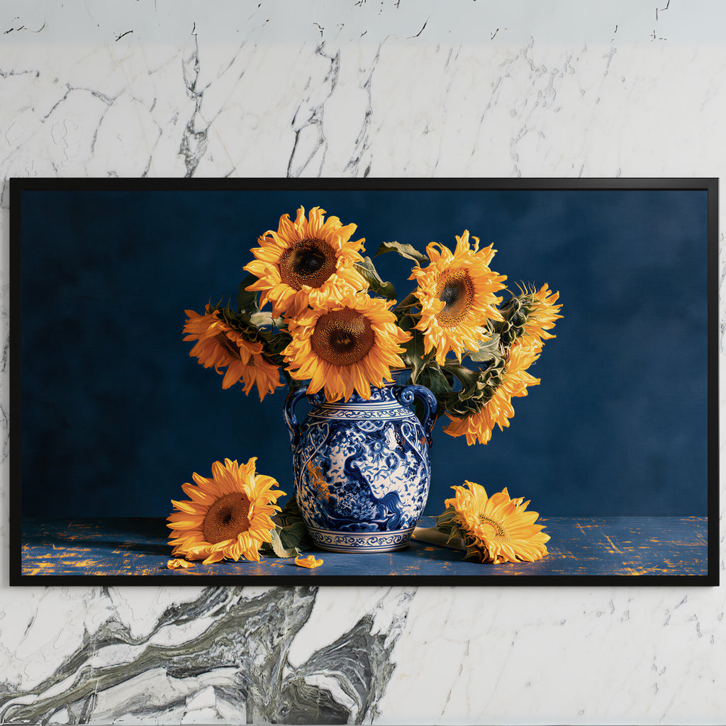Sunflower still life art on a black TV on a white marble wall