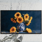 Sunflower still life art on a black TV on a white marble wall