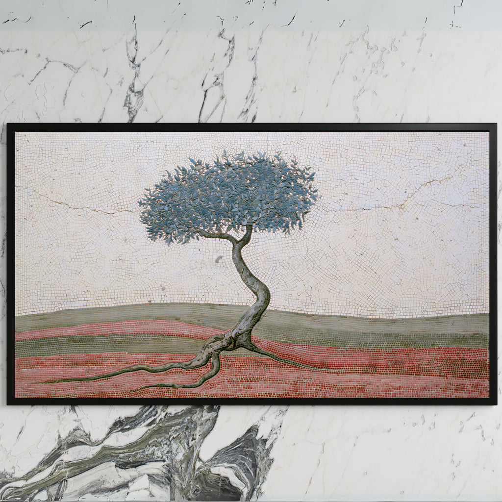 Mosaic tree art on a black TV on a white marble wall