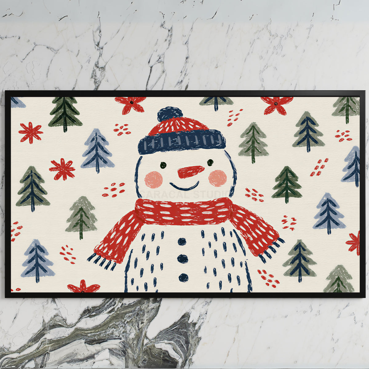 Snowman art on a black TV on a white marble wall