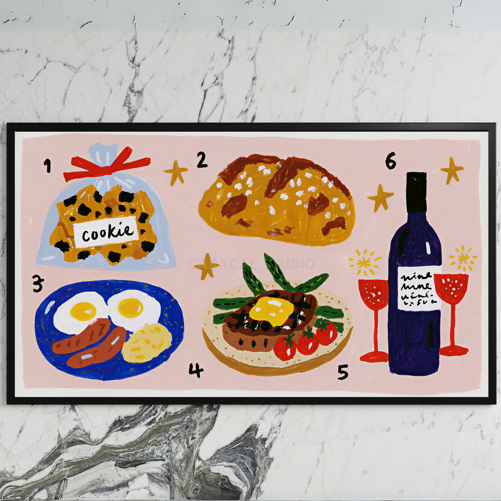 Food and wine doodles art on a black TV on a white marble wall