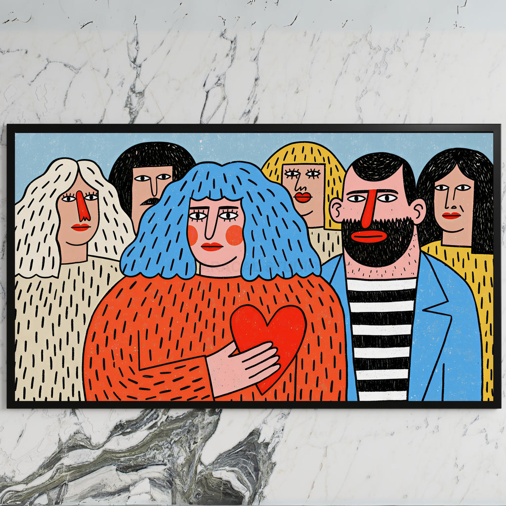 Colorful naive crowd with a heart art on a black TV on a white marble wall