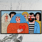 Colorful naive crowd with a heart art on a black TV on a white marble wall