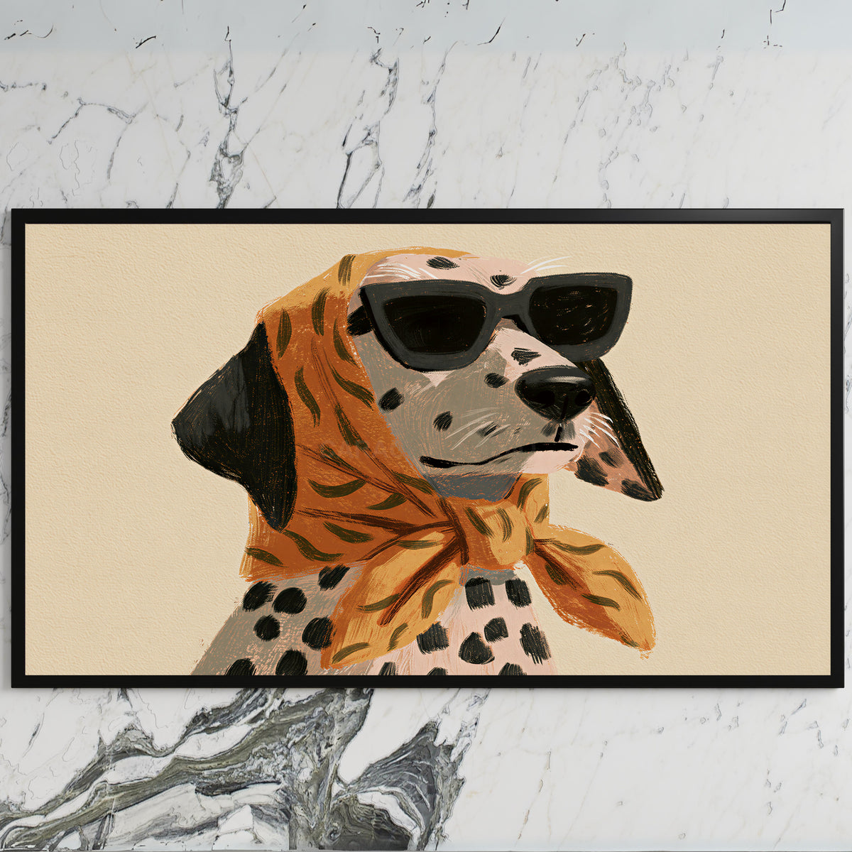 Dalmatian in sunglasses art on a black TV on a white marble wall