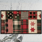 Plaid patchwork quilt art on a black TV on a white marble wall
