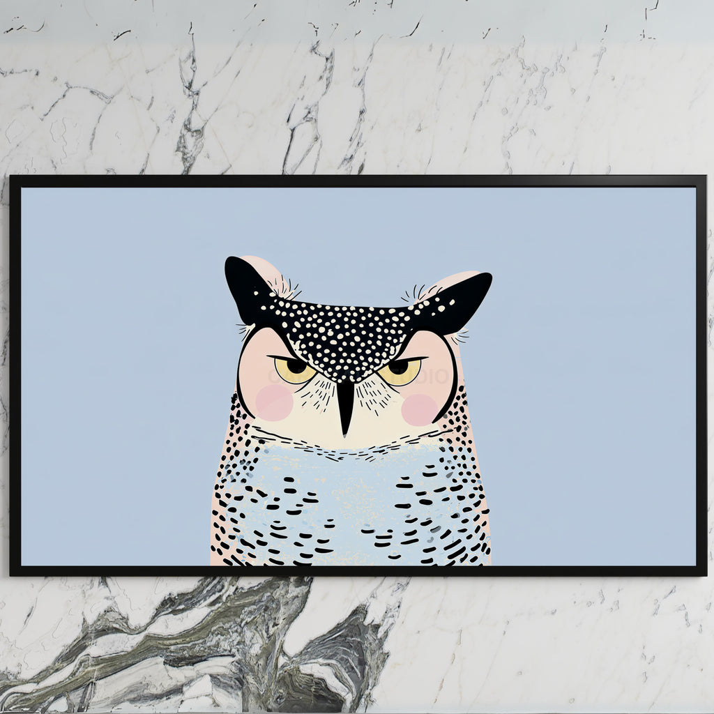 Grumpy owl art on a black TV on a white marble wall