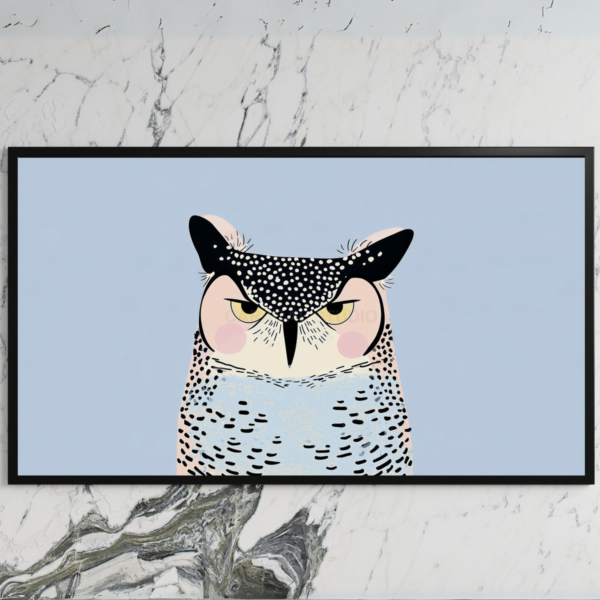 Grumpy owl art on a black TV on a white marble wall