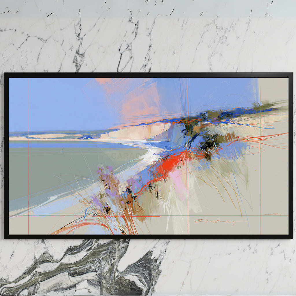 Abstract chalk cliffs art on a black TV on a white marble wall
