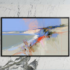 Abstract chalk cliffs art on a black TV on a white marble wall