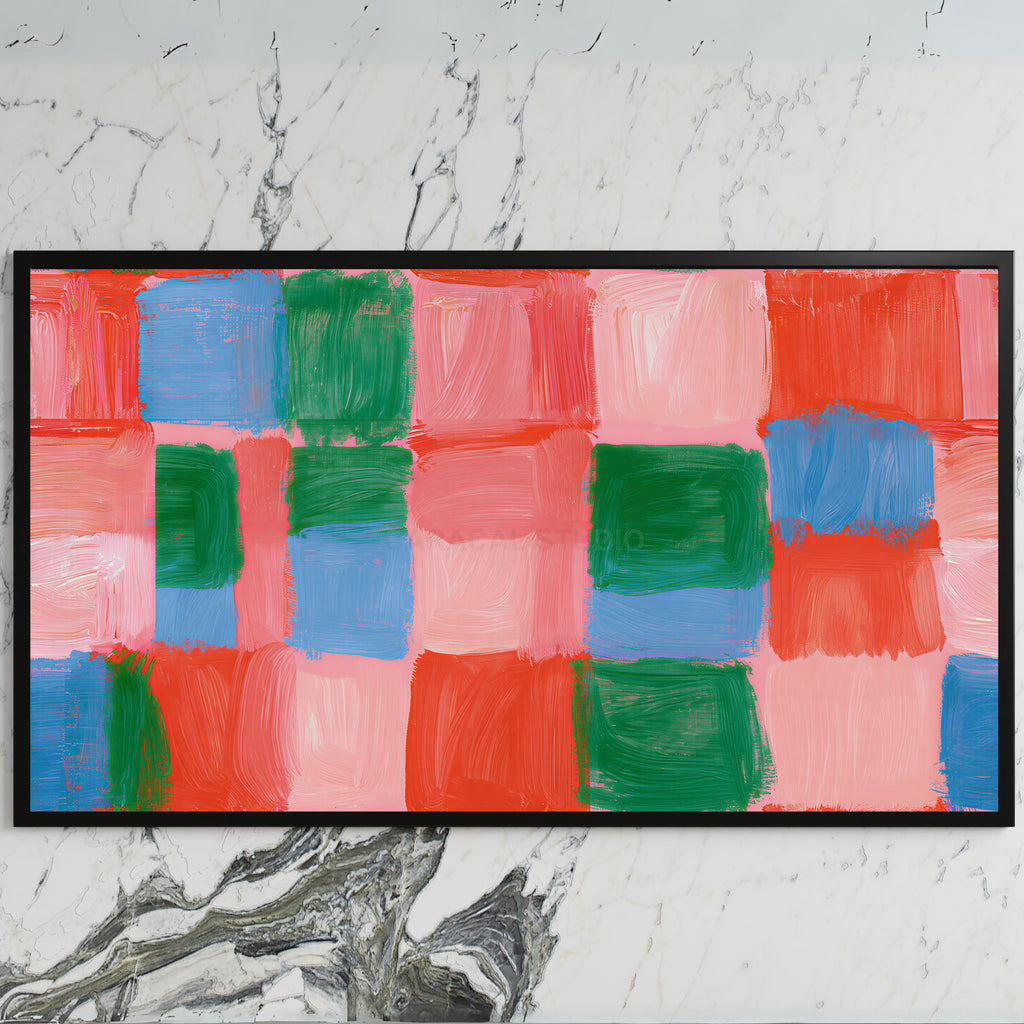 Painted checks art on a black TV on a white marble wall