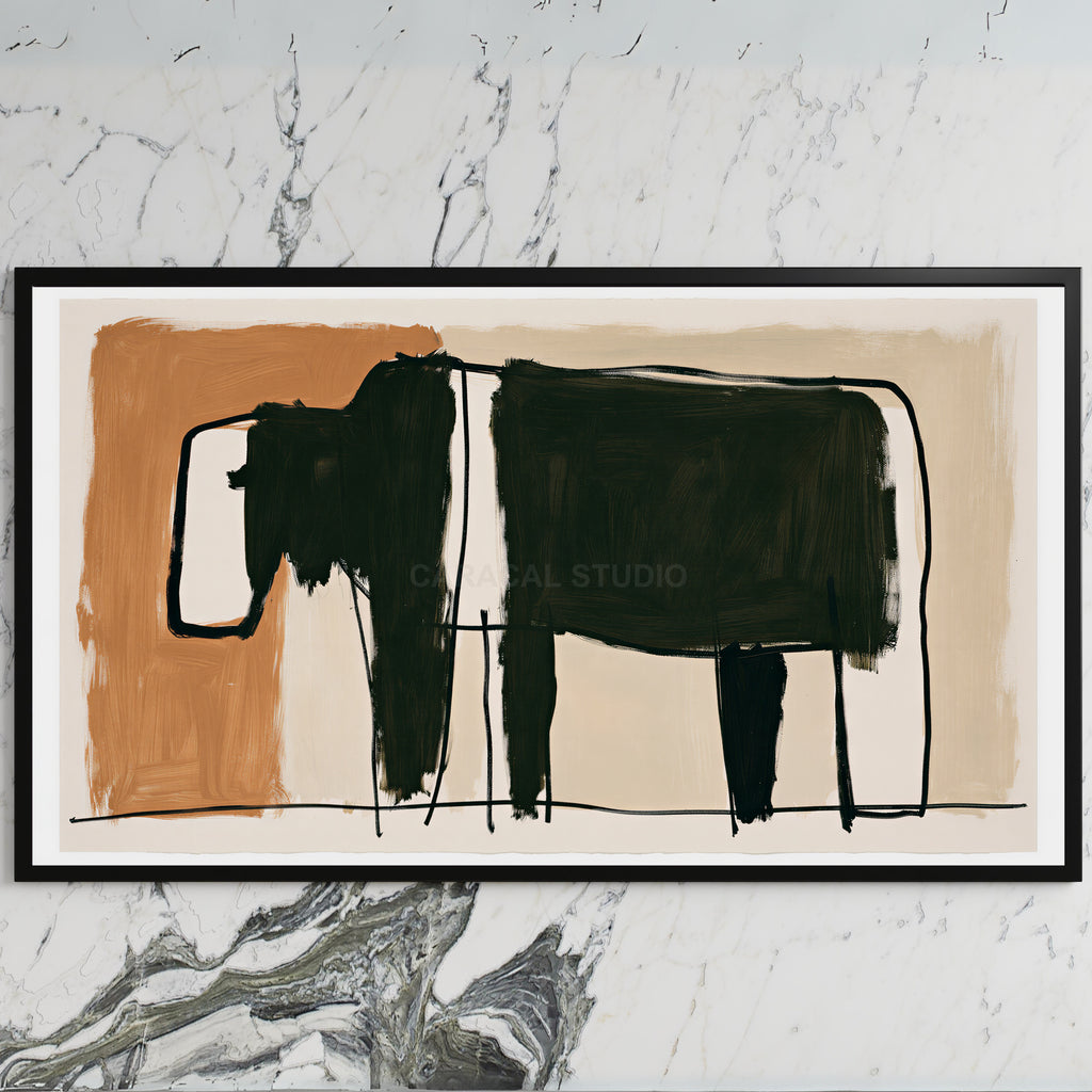 Minimalist black cow art on a black TV on a white marble wall