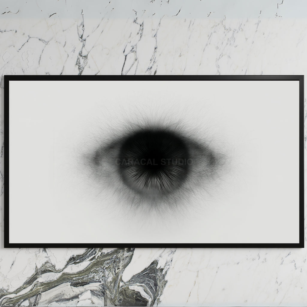 Black and white eye art on a black TV on a white marble wall