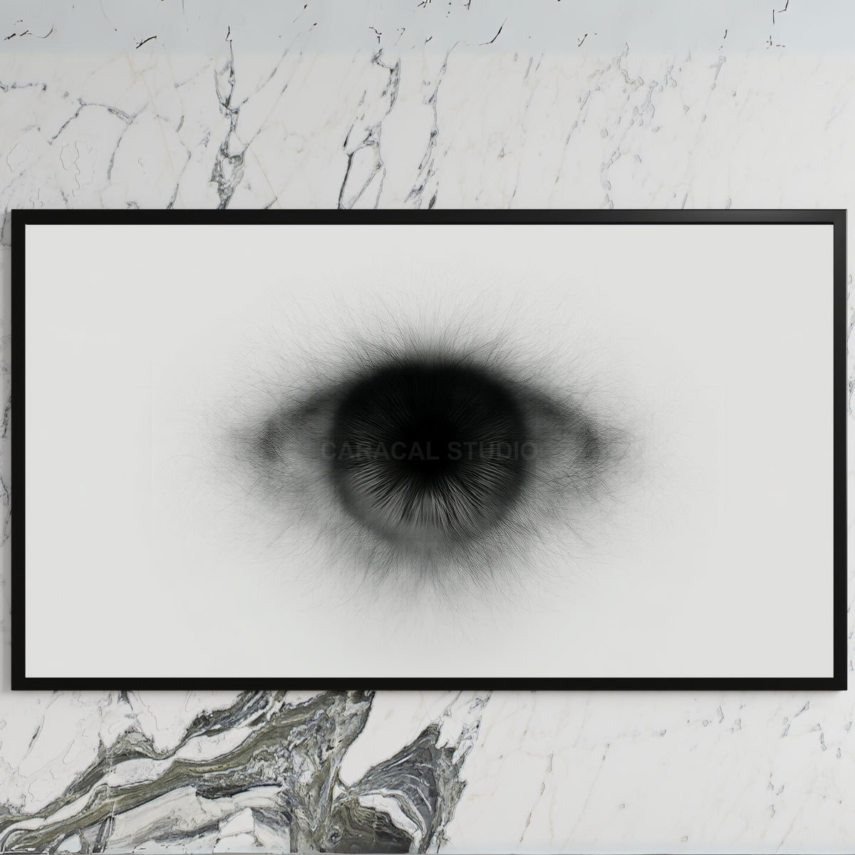 Black and white eye art on a black TV on a white marble wall