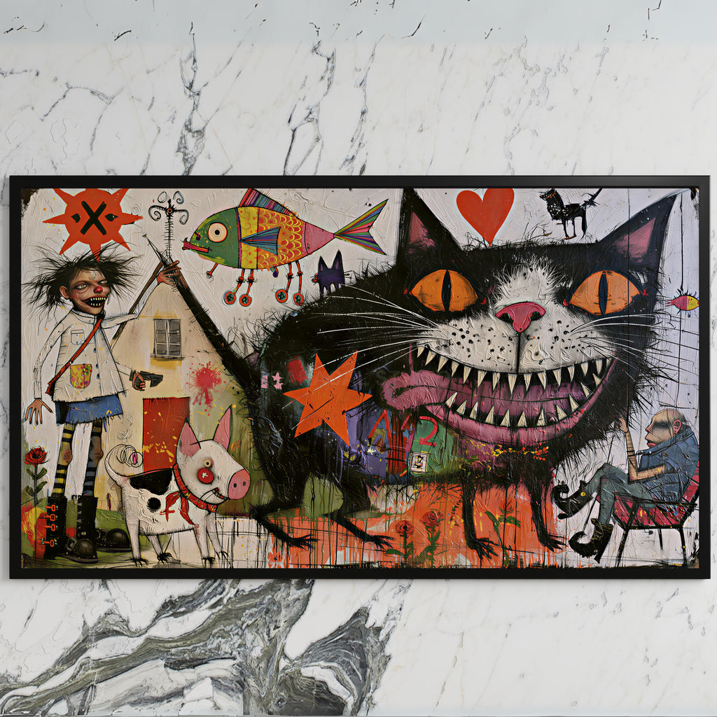 Grinning black cat art on a black TV on a white marble wall