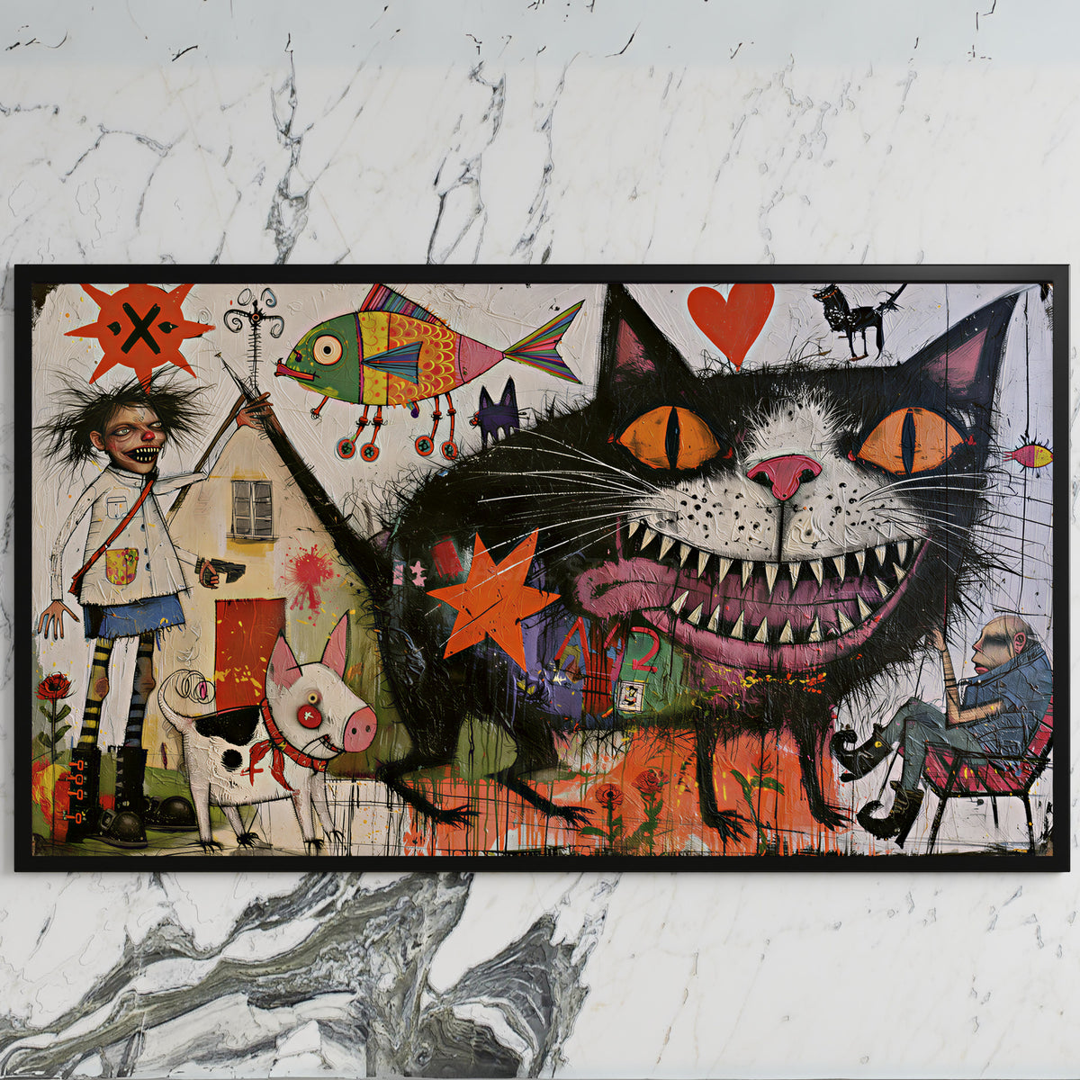 Grinning black cat art on a black TV on a white marble wall
