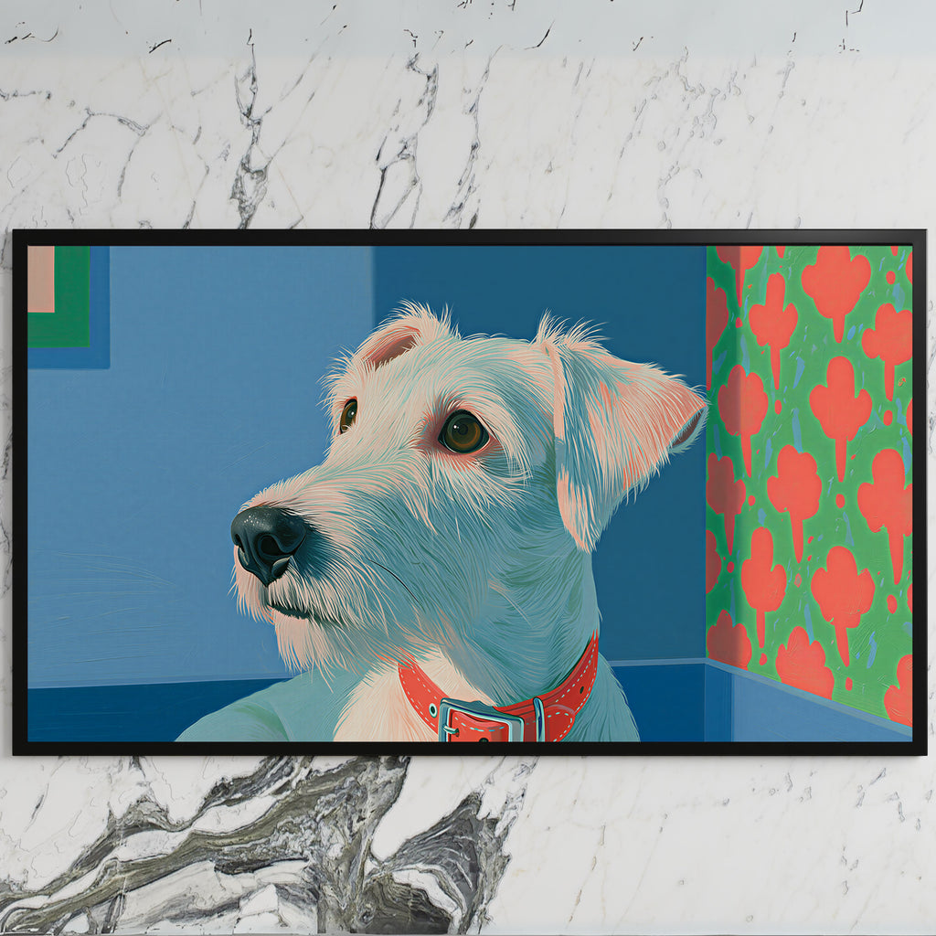 Terrier portrait art on a black TV on a white marble wall