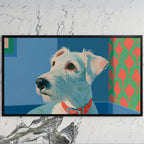 Terrier portrait art on a black TV on a white marble wall