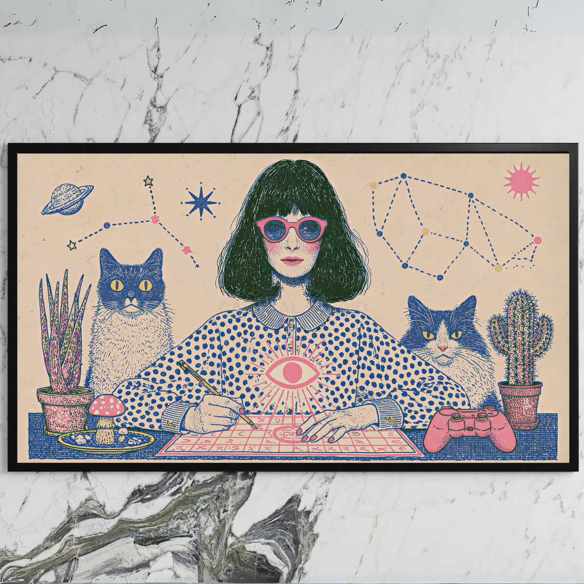 Astrology and cats art on a black TV on a white marble wall