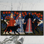 Folk fairy tale wolves art on a black TV on a white marble wall