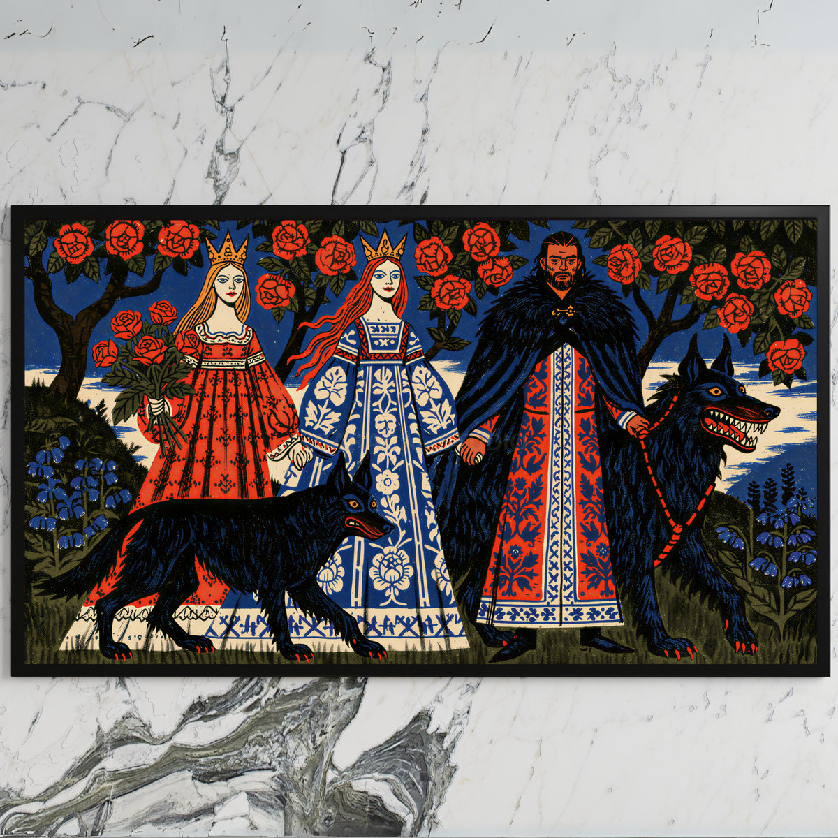 Folk fairy tale wolves art on a black TV on a white marble wall