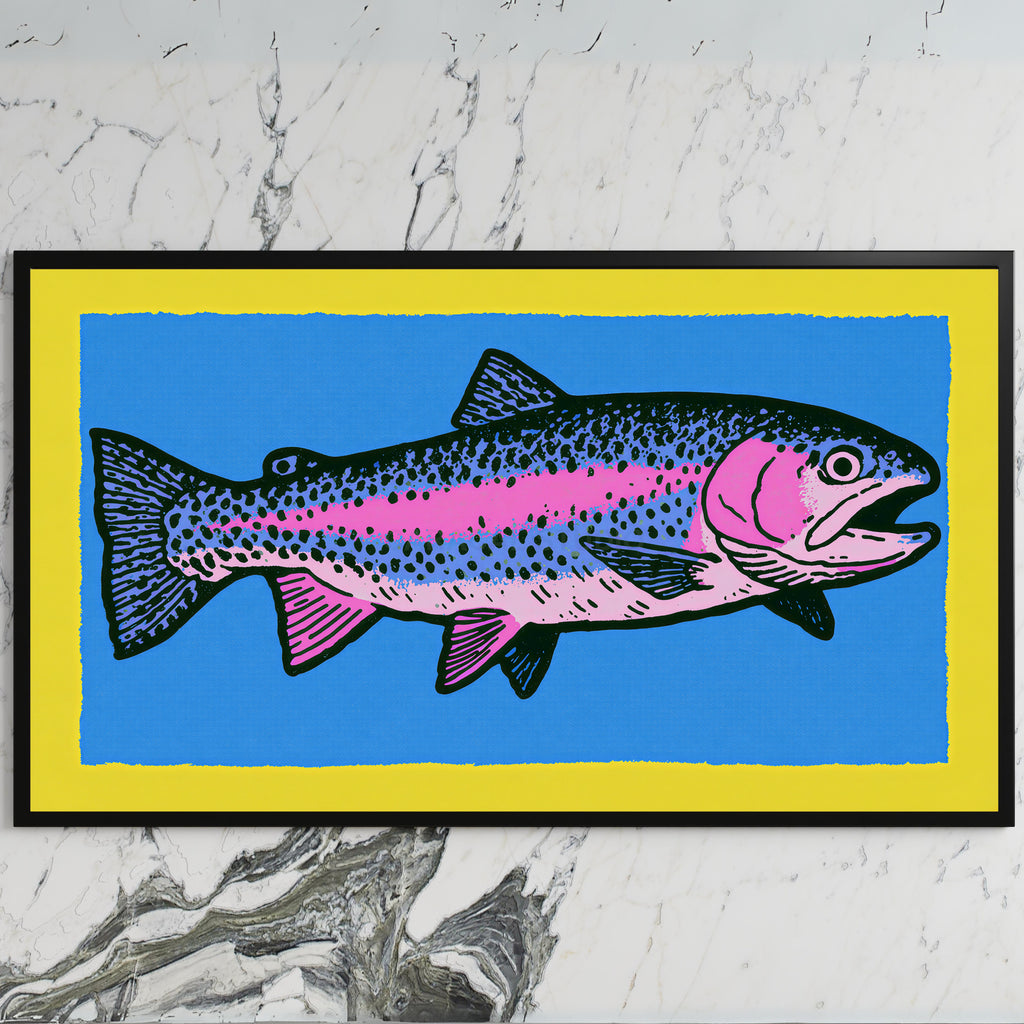 Rainbow trout art on a black TV on a white marble wall