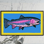 Rainbow trout art on a black TV on a white marble wall