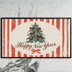 Happy New Year art on a black TV on a white marble wall