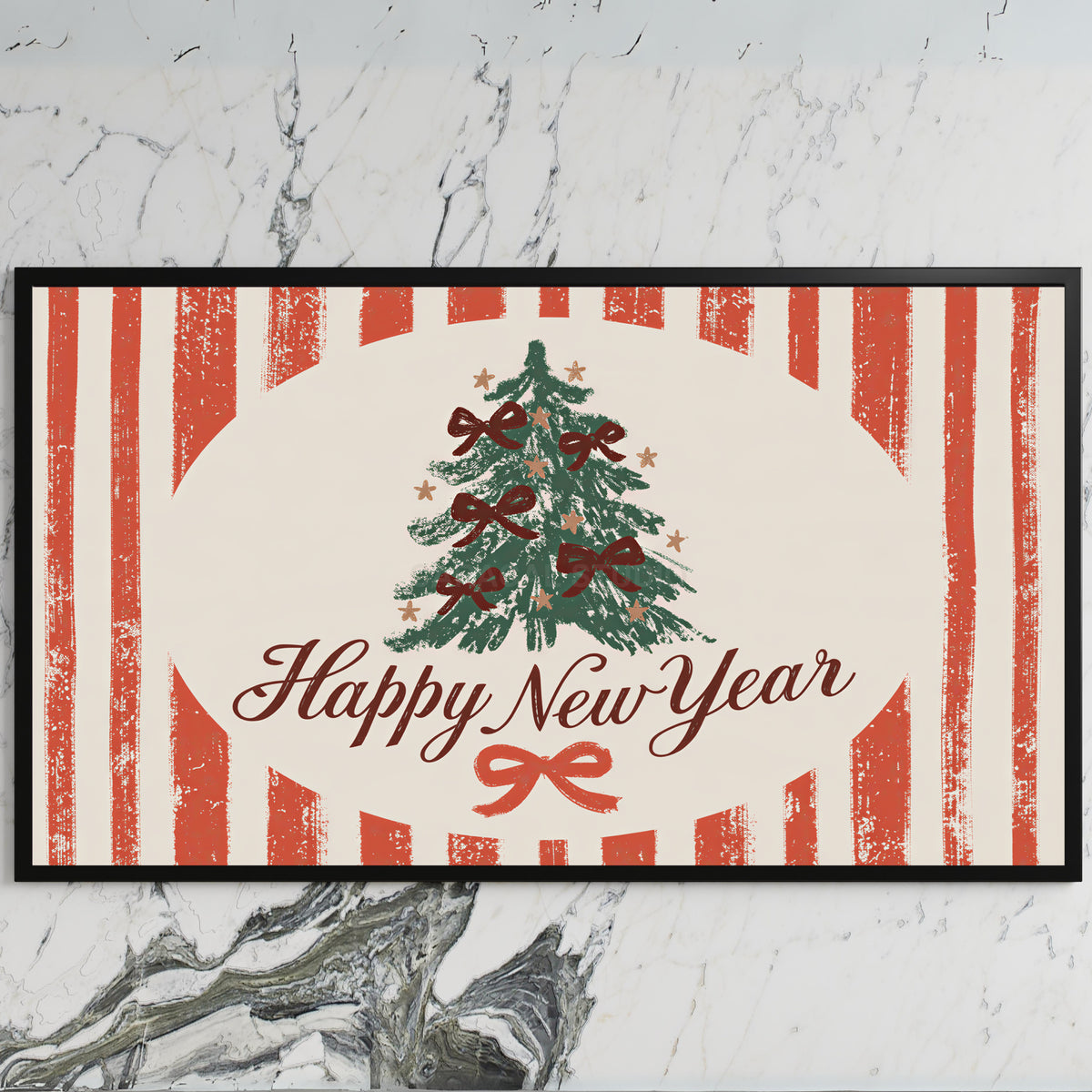 Happy New Year art on a black TV on a white marble wall