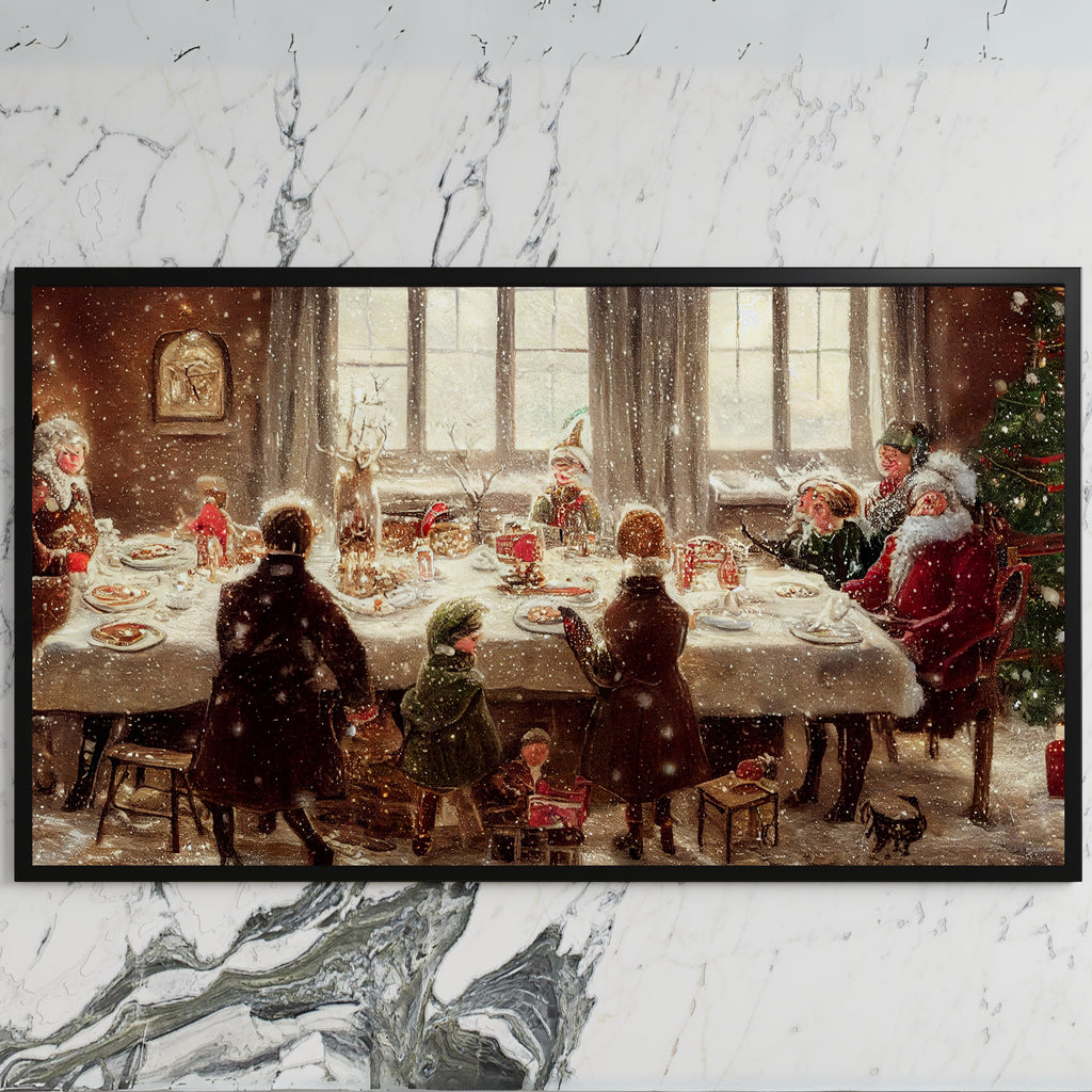 Santa at the dinner table art on a black TV on a white marble wall