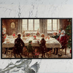 Santa at the dinner table art on a black TV on a white marble wall