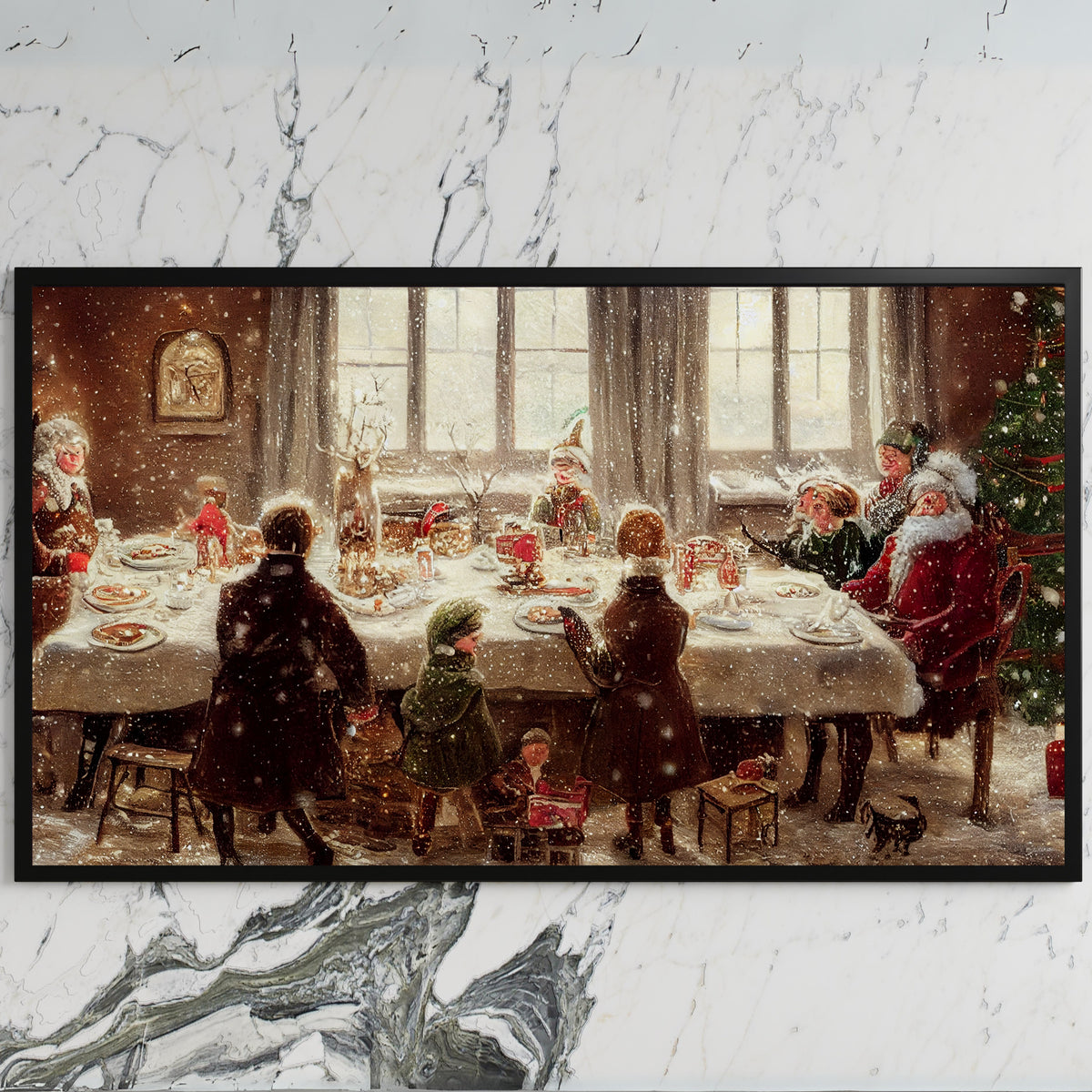 Santa at the dinner table art on a black TV on a white marble wall