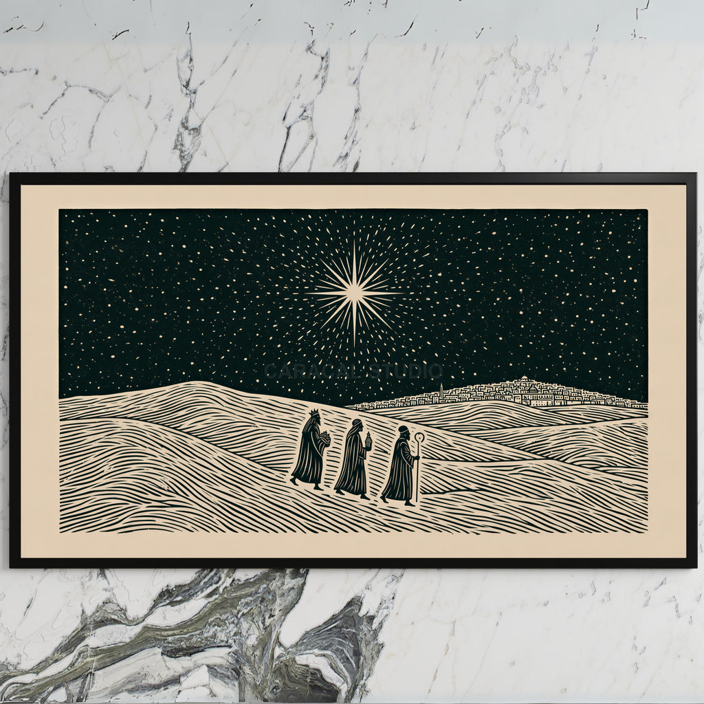 Three wise men art on a black TV on a white marble wall