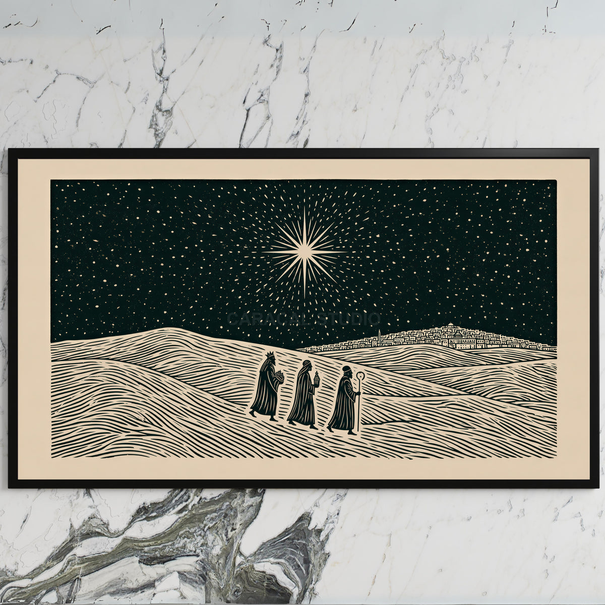 Three wise men art on a black TV on a white marble wall
