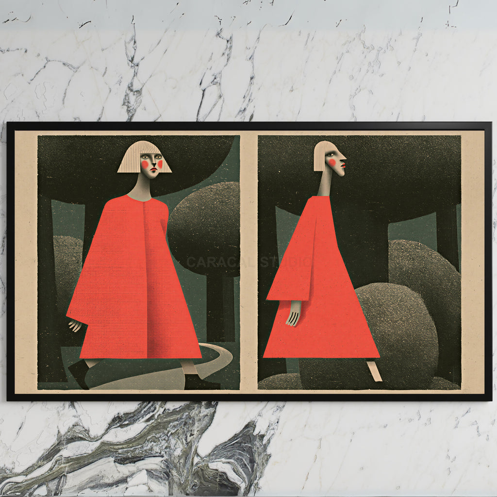 Surreal forest walk art on a black TV on a white marble wall