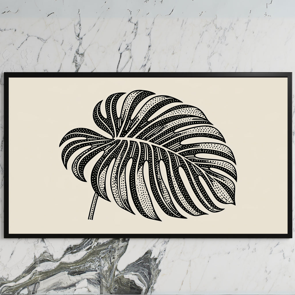 Monstera leaf art on a black TV on a white marble wall