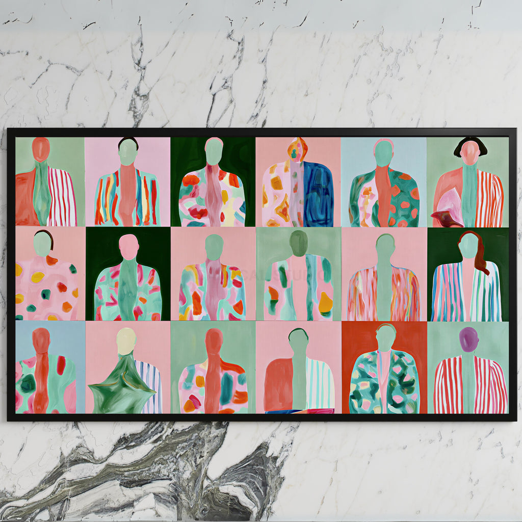 Faceless portraits art on a black TV on a white marble wall