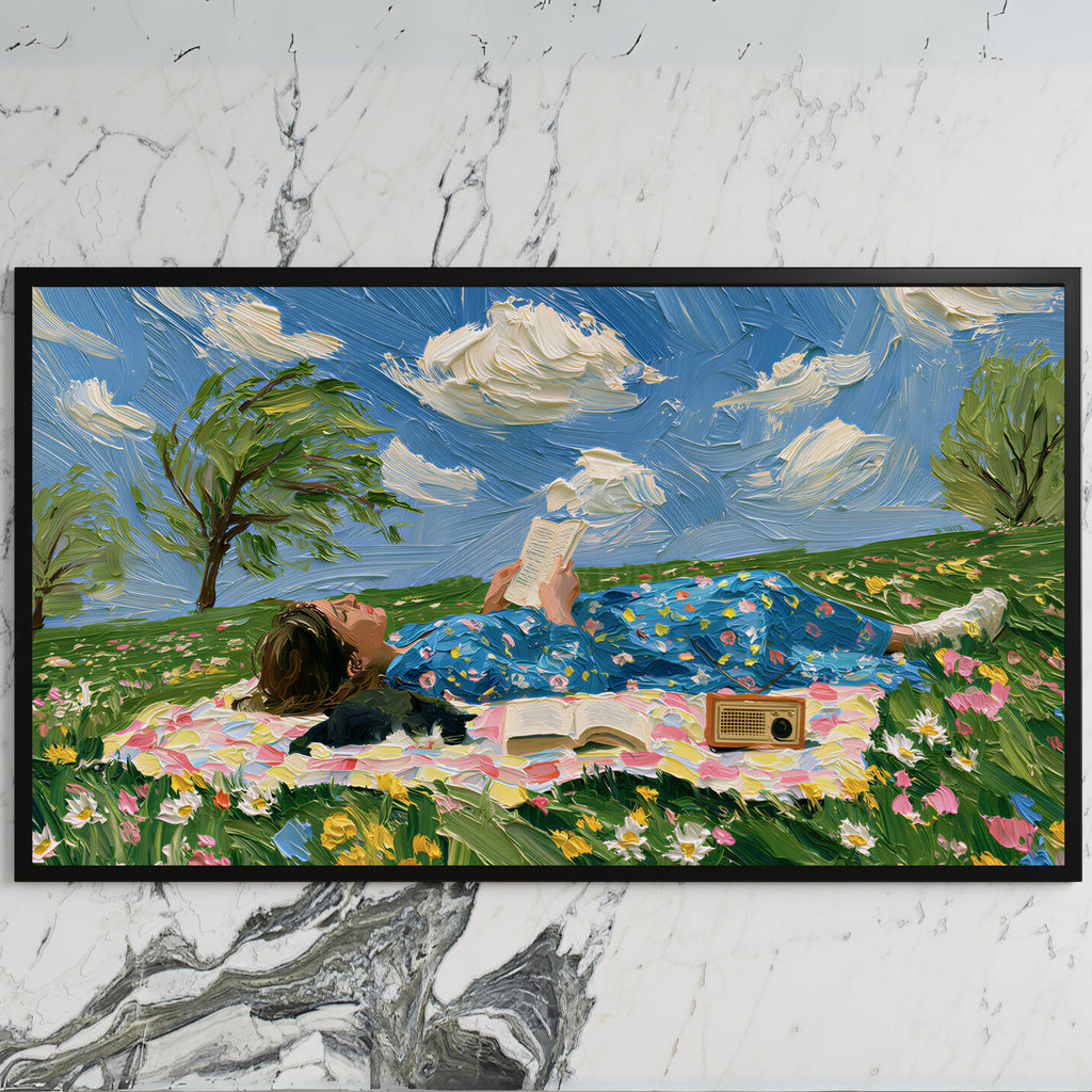 Picnic reader in a meadow art on a black TV on a white marble wall