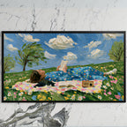 Picnic reader in a meadow art on a black TV on a white marble wall