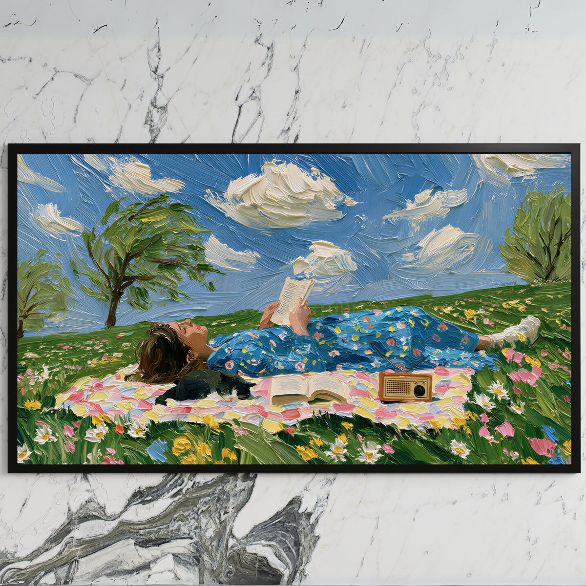 Picnic reader in a meadow art on a black TV on a white marble wall