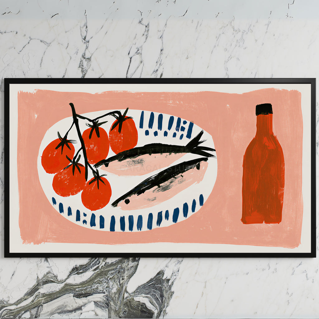 Sardines and tomatoes art on a black TV on a white marble wall