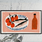 Sardines and tomatoes art on a black TV on a white marble wall
