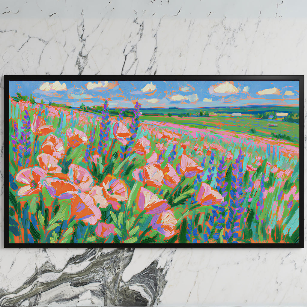 Poppy field art on a black TV on a white marble wall