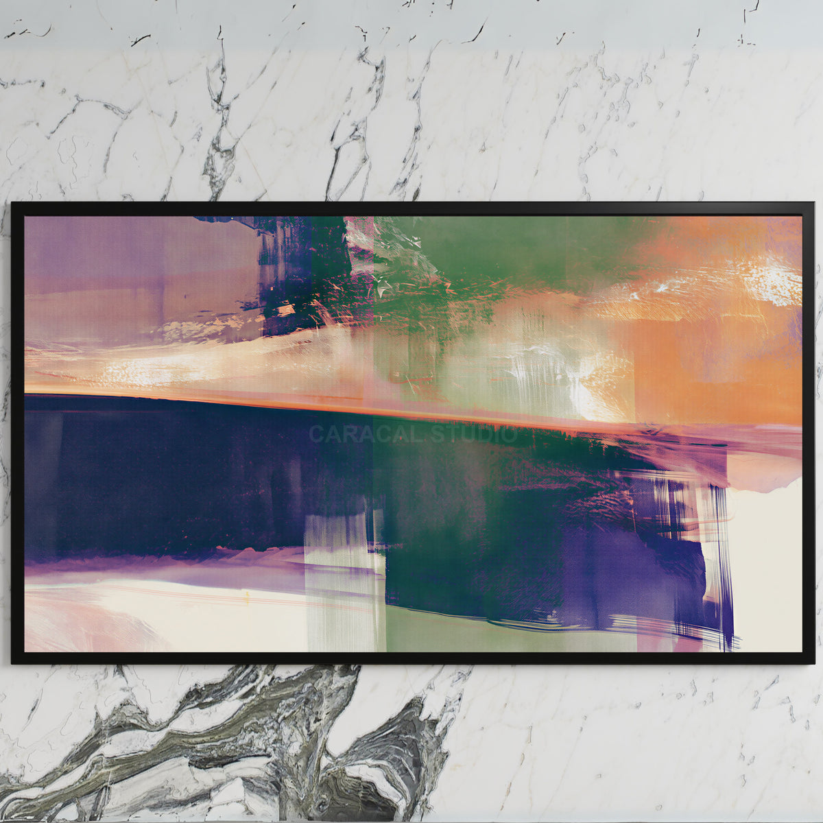 Abstract brushstroke art on a black TV on a white marble wall
