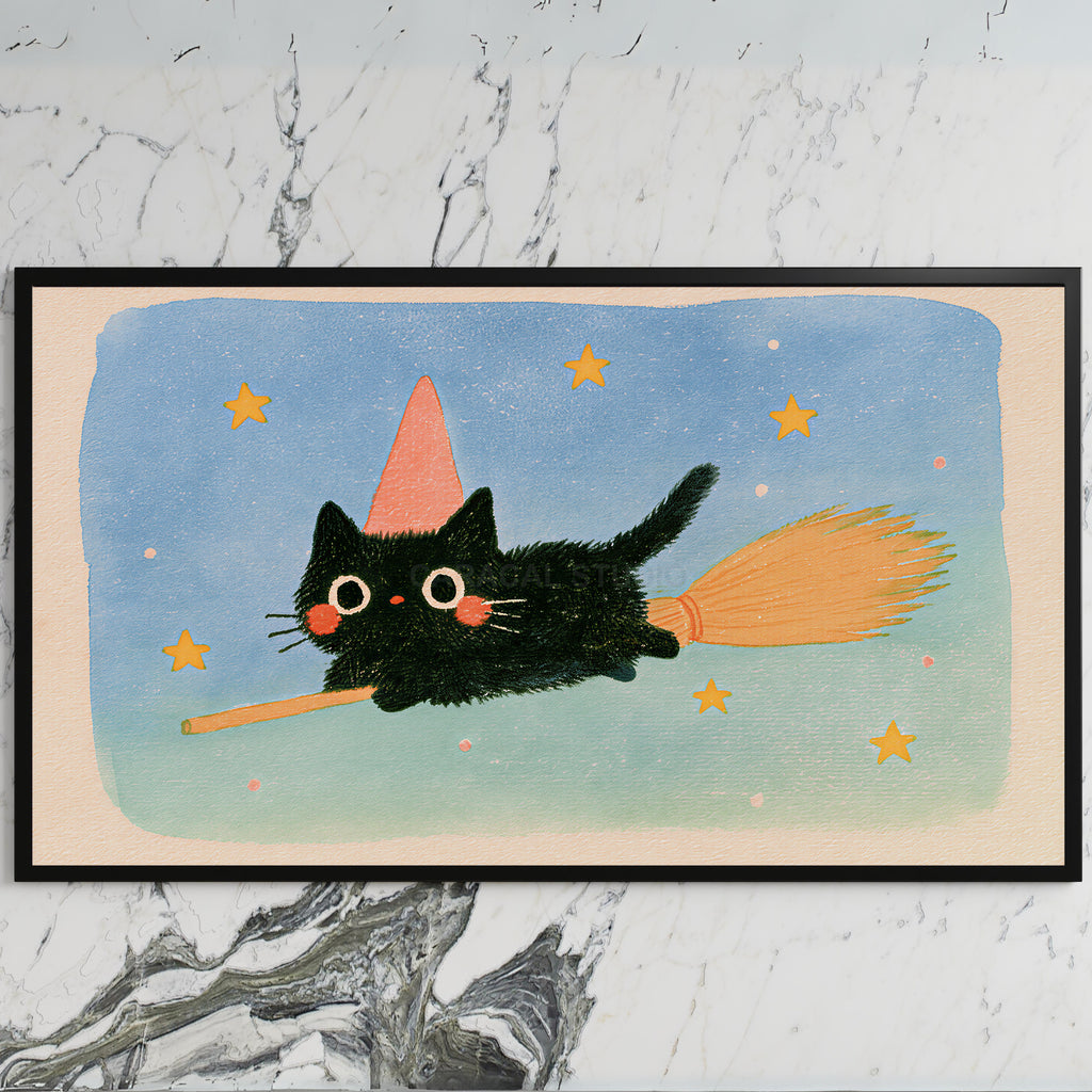 Black cat witch art on a black TV on a white marble wall