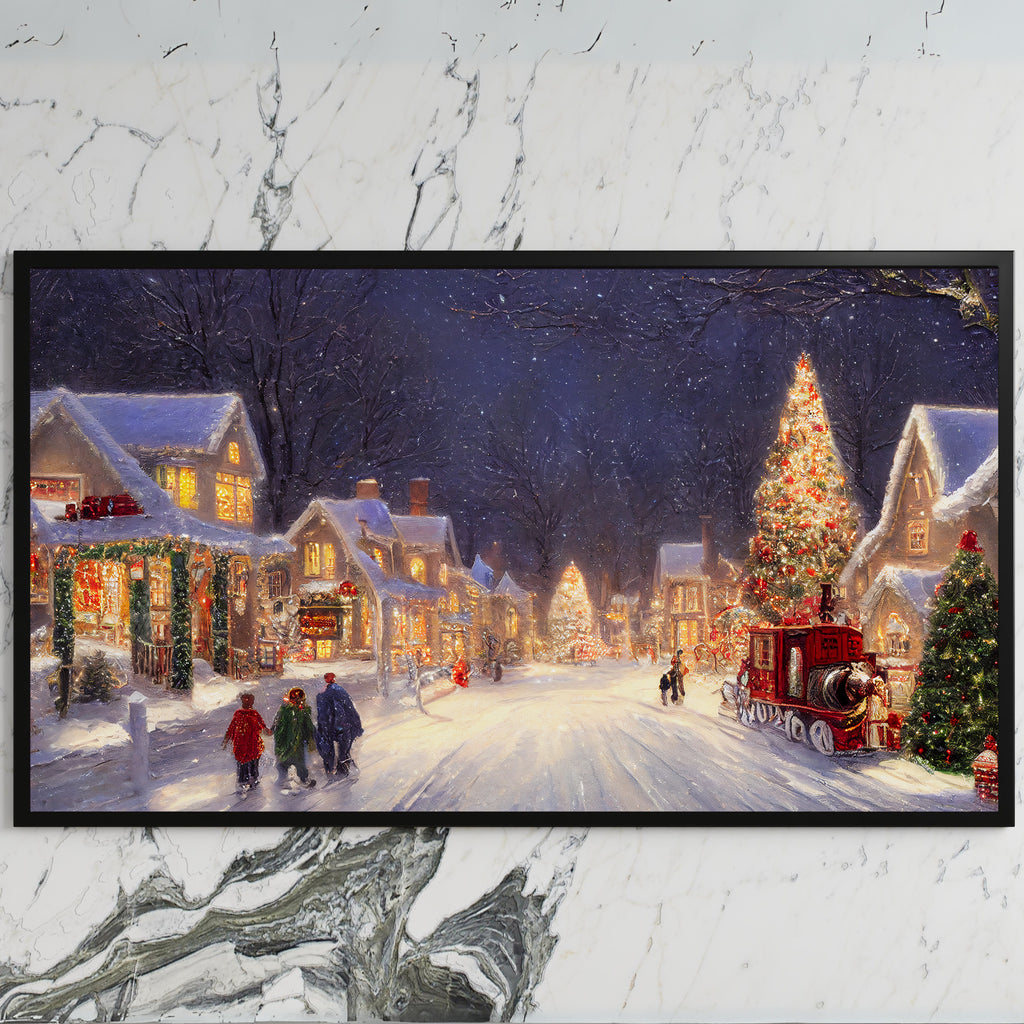 Snowy village with a red truck art on a black TV on a white marble wall