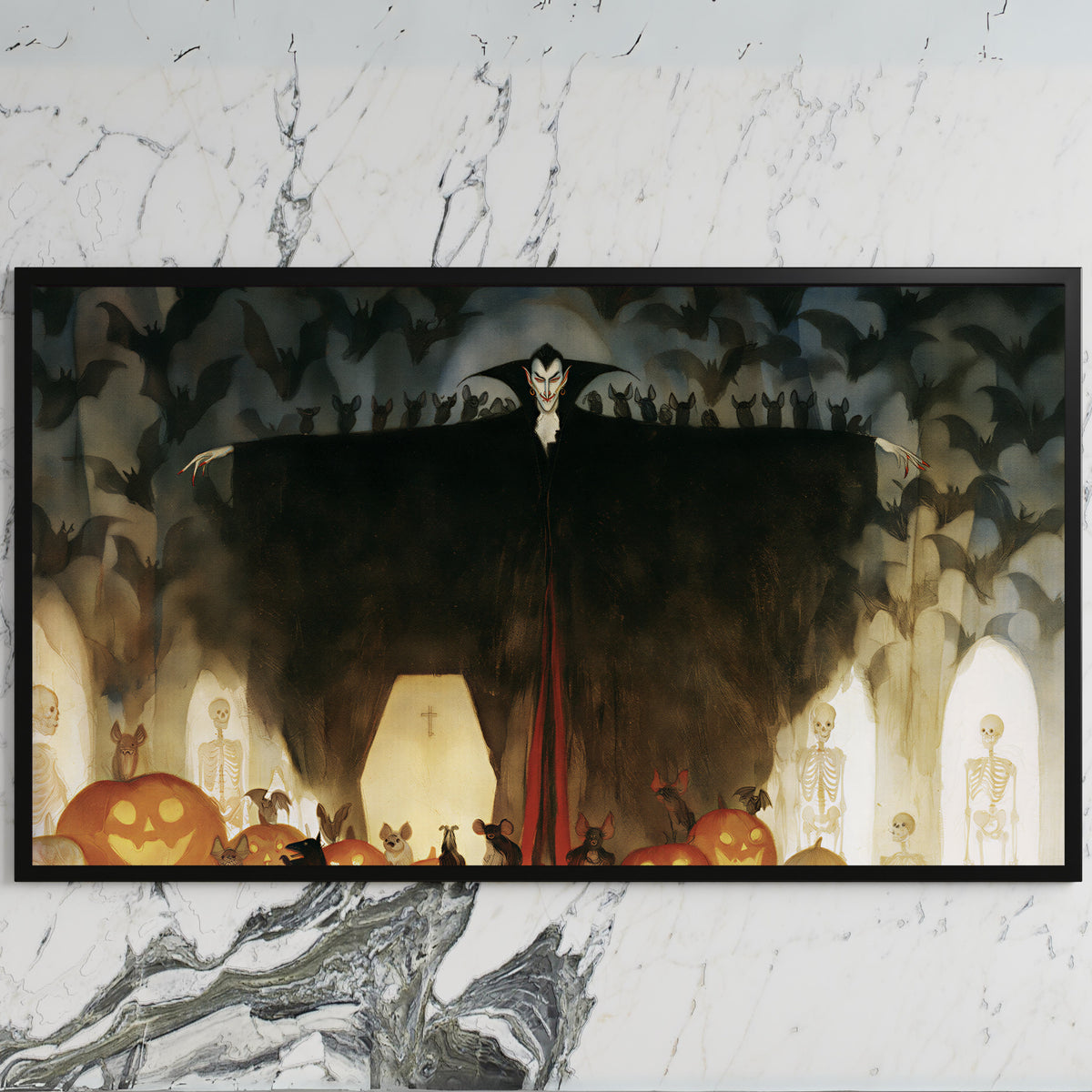 Vampire art on a black TV on a white marble wall