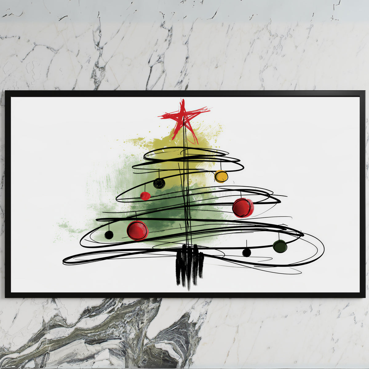 Scribble Christmas tree art on a black TV on a white marble wall