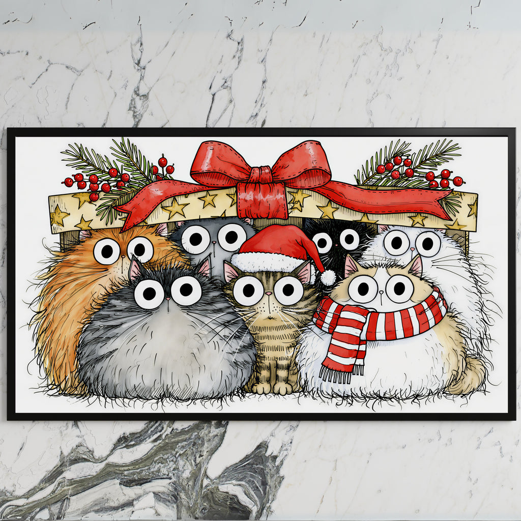 Cats under a gift box art on a black TV on a white marble wall